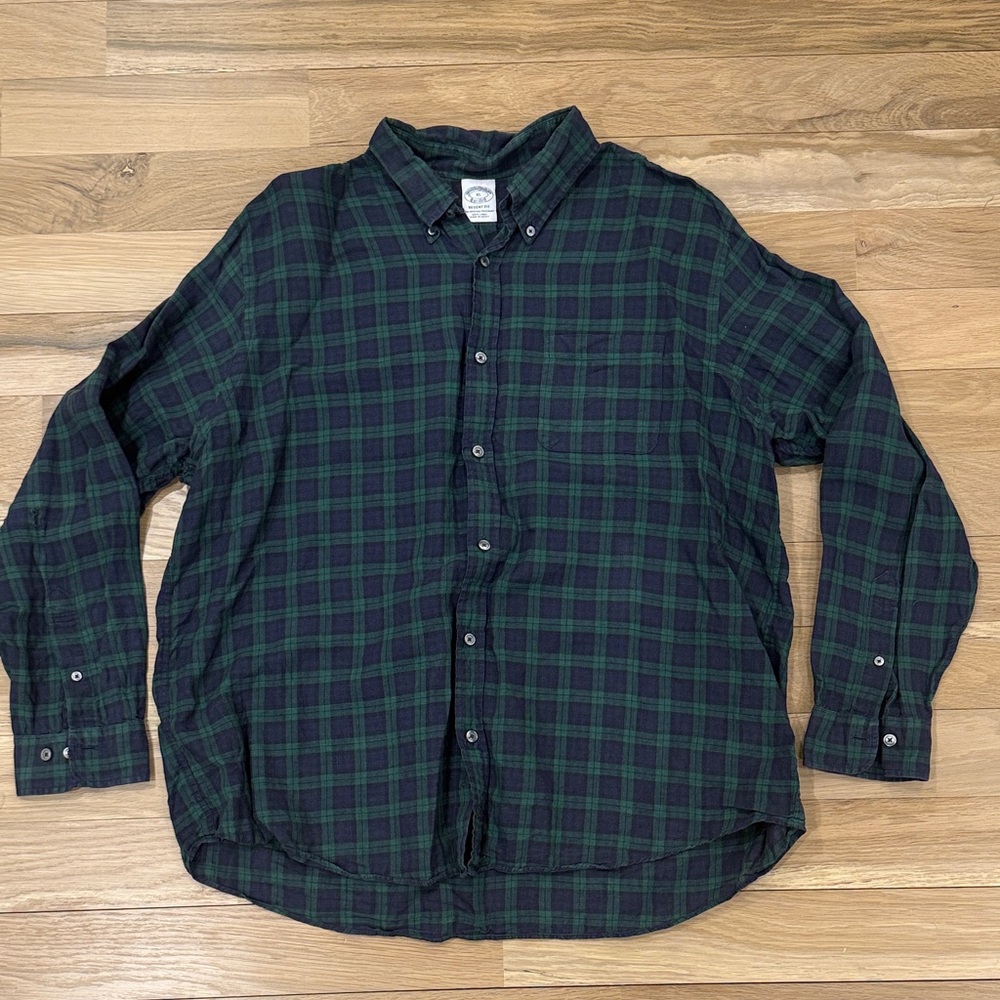 Brooks Brothers, Regent Fit  Men's Green and Navy Plaid Button-Down Shirt
